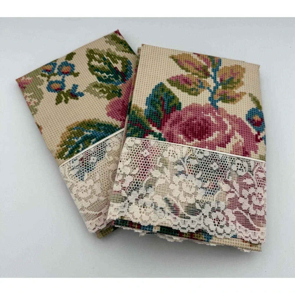Vintage Cannon Royal Family King Pillowcase Set Floral Lace Cross Stitch Percale